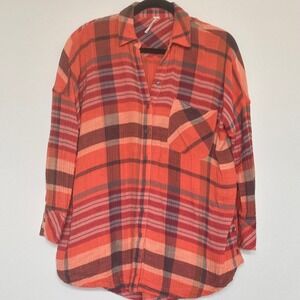 Free People Orange Plaid Cotton Gauze Button Down Shirt Oversized XS